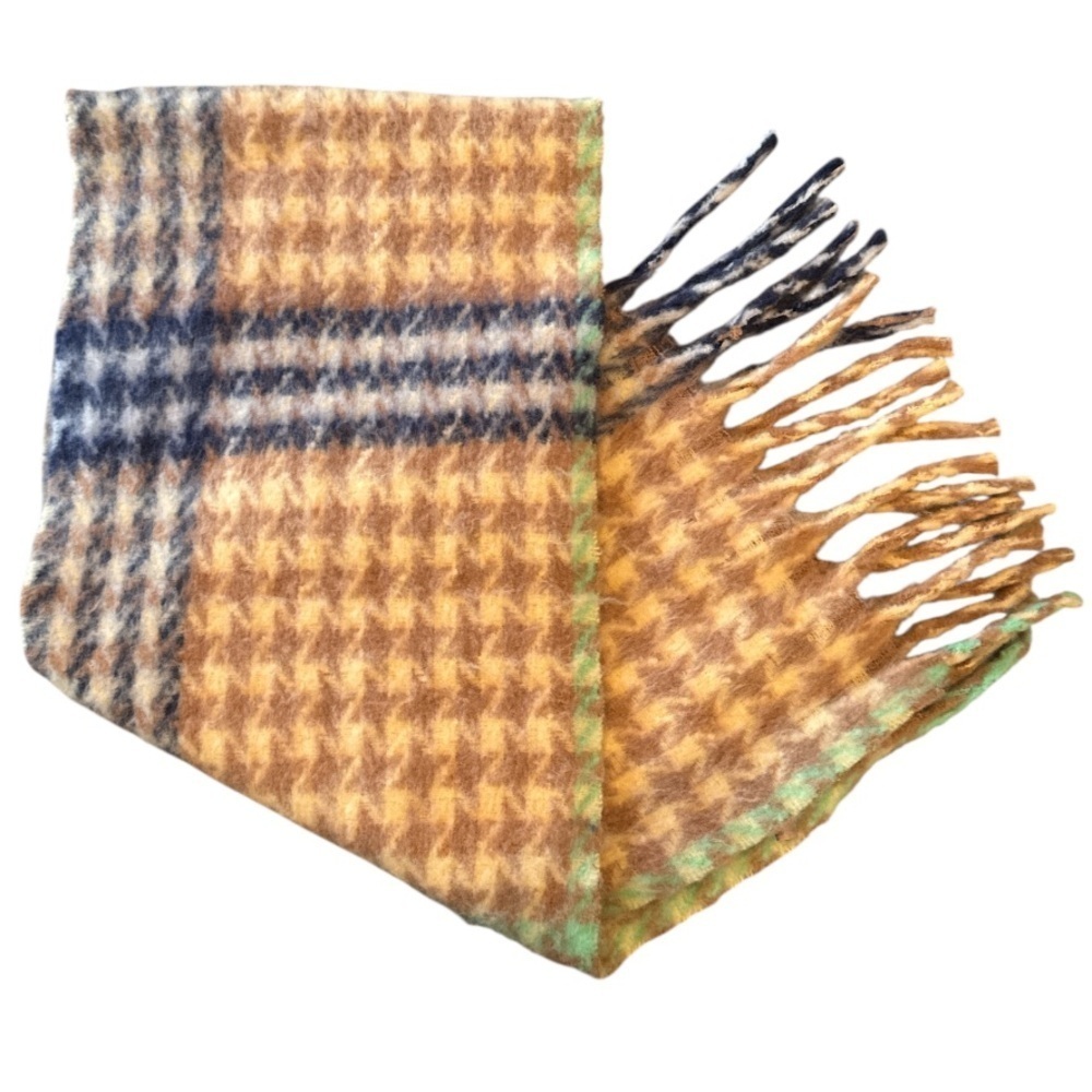 Cozy Tan Multicolored Houndstooth Fringe Blanket Scarf or Wrap Size OS - Picture 5 of 9